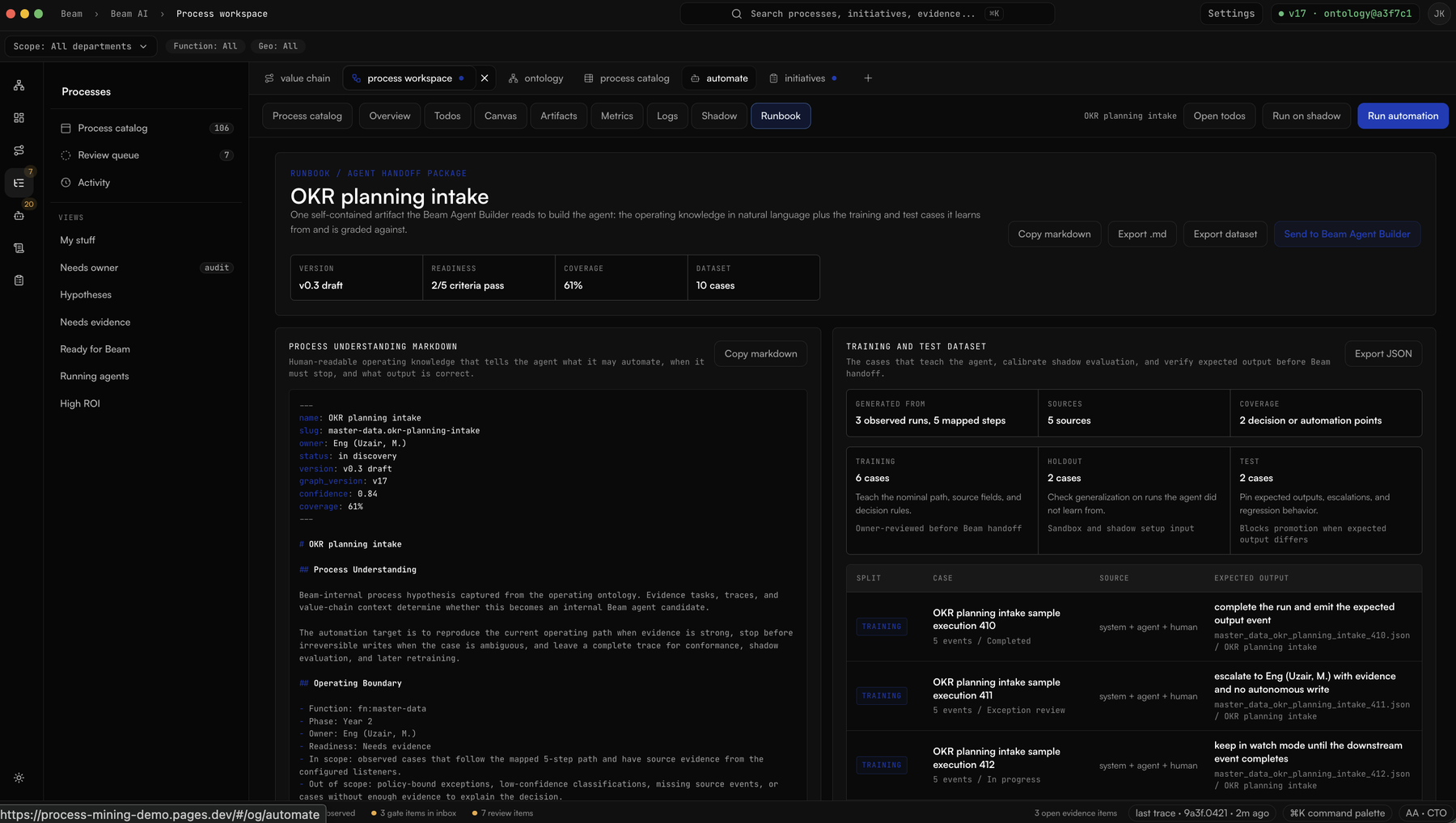 A Runbook: the process operating knowledge written in plain language, next to the training and test cases an AI agent learns from and is graded against